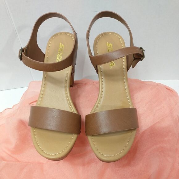 New Soda Womens 7.5 Open Toe  Block Heel Platform Sandal Ankle Strap Brown - Picture 5 of 12